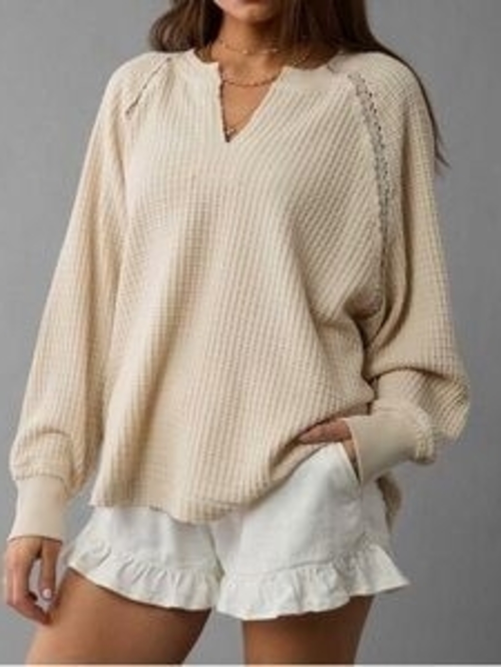 aerie Cream Waffle Knit Long Sleeve Top